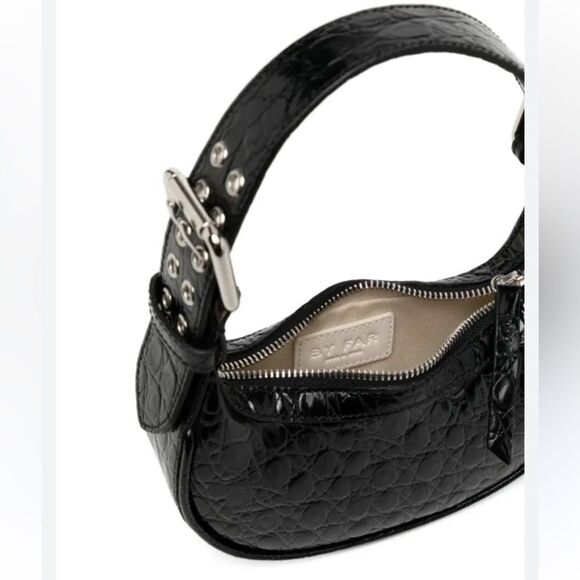 NEW By Far Soho Circular Mini Shoulder Bag Black crocodile purse silver Y2K $570 - Picture 2 of 14